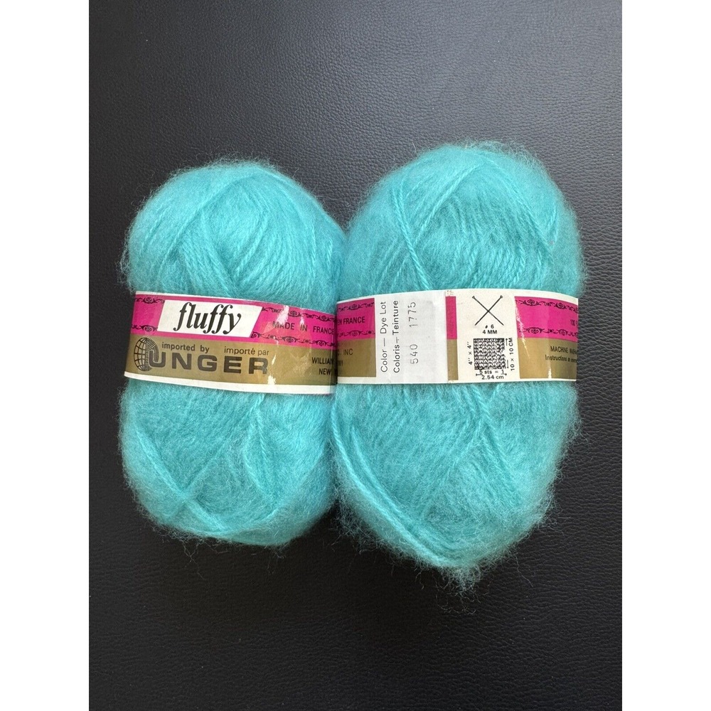 2 Skeins VTG Unger FLUFFY Turquoise‎ Yarn Lot 540 Brushed Acrylic France 156 yds